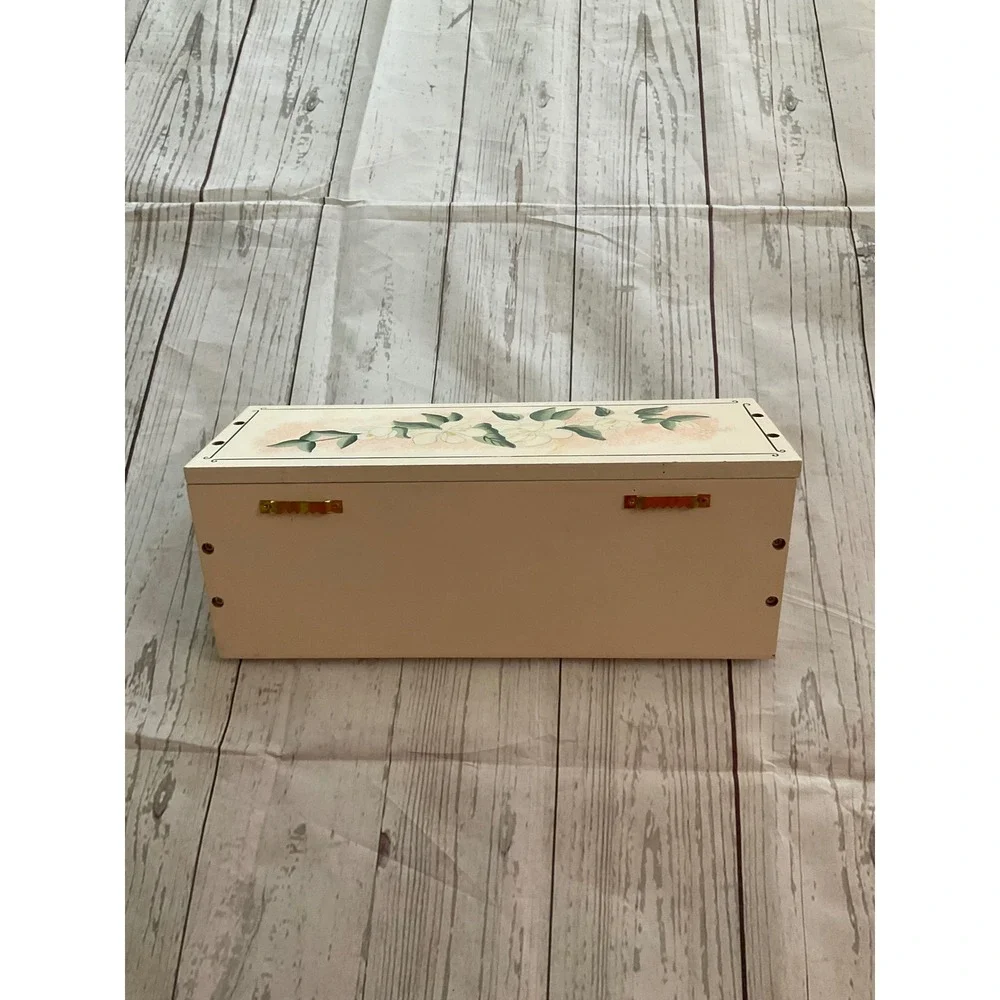 Vintage Hand Painted Wood Wall Shelf Magnolia Floral 4 Pegs Cream Cottagecore